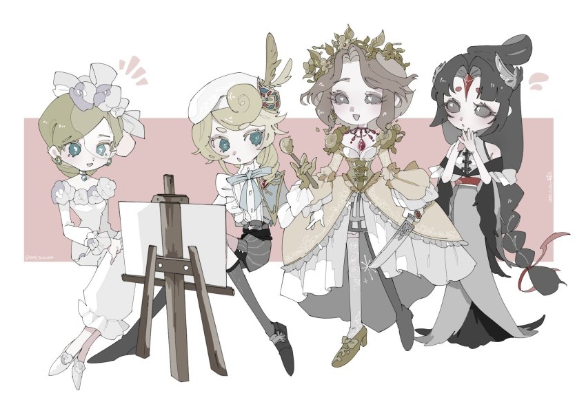 1boy, 3girls, :o, black_eyes, black_footwear, black_hair, black_shorts, blonde_hair