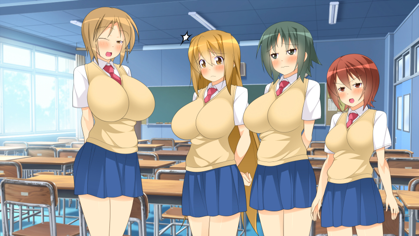 4girls, arms_behind_back, atsuko_(minami-ke), blonde_hair, blush, breasts, brown_eyes, brown_hair