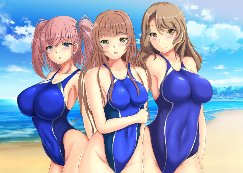 3girls, atlanta_(kancolle), bare_shoulders, beach, blue_one-piece_swimsuit, blue_sky, blush, breasts
