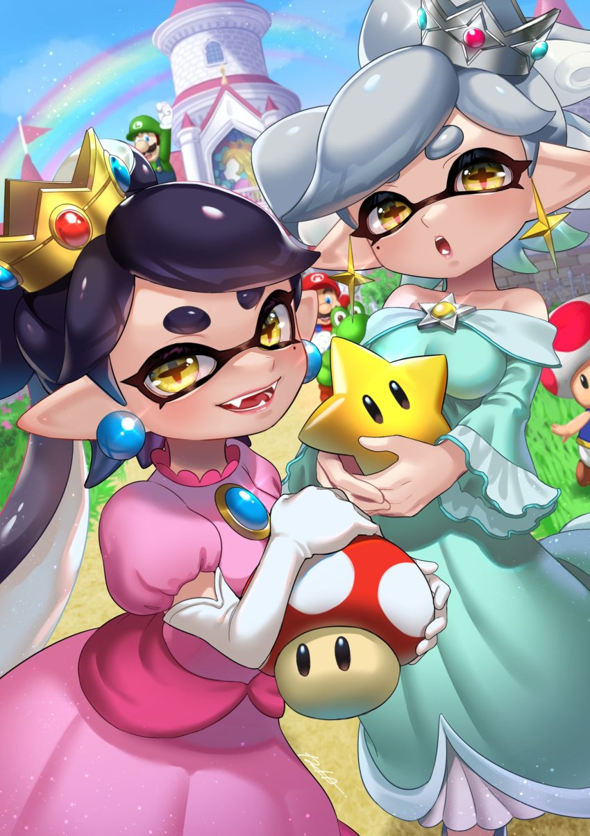 +_+, 2girls, 3boys, alternate_costume, arm_up, artist_name, bare_shoulders, black_eyes, blouse, blue_eyes, blue_sky, blue_vest, blurry, blurry_background, blush, breasts, brooch, brown_hair, callie_(splatoon), castle, clenched_hand, collarbone, cosplay, crossover, crown, day, dress, dutch_angle, earrings, elbow_gloves, facial_hair, fangs, gem, glint, gloves, grass, green_headwear, green_shirt, grey_hair, grey_headwear, hand_up, happy, highres, holding, inkling, iria_(yumeirokingyo), jewelry, jumping, light_particles, long_hair, long_sleeves, looking_at_viewer, luigi, marie_(splatoon), mario, mario_(series), medium_breasts, mole, mole_under_eye, multiple_boys, multiple_girls, mushroom, mustache, nintendo, off-shoulder_dress, off_shoulder, open_mouth, outdoors, overalls, own_hands_together, path, pink_dress, pointy_ears, princess_peach, princess_peach_(cosplay), puffy_short_sleeves, puffy_sleeves, purple_hair, rainbow, red_headwear, red_shirt, road, rosalina, rosalina_(cosplay), shirt, short_hair, short_sleeves, siblings, signature, sisters, sky, small_breasts, smile, splatoon_(series), stained_glass, standing, star_(symbol), super_mario_galaxy, super_star_(mario), swept_bangs, teeth, tentacle_hair, tentacles, thick_eyebrows, tilted_headwear, toad_(mario), vest, white_gloves, yellow_eyes, yellow_headwear, yoshi
