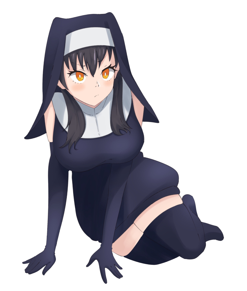 1girl, absurdres, black_hair, blush, breasts, elbow_gloves, en'en_no_shouboutai, gloves, habit, highres, large_breasts, long_hair, looking_at_viewer, nun, orange_eyes, raru_(bnnon42), solo, tamaki_kotatsu, thighhighs, thighs, twintails, veil, white_background