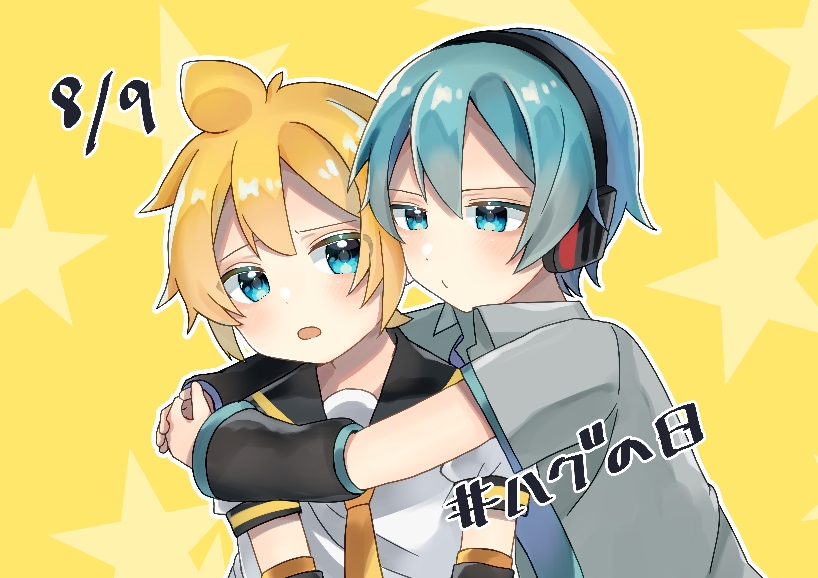 2boys, akikan_sabako, aqua_eyes, aqua_hair, aqua_necktie, arm_warmers, arms_around_neck, blonde_hair