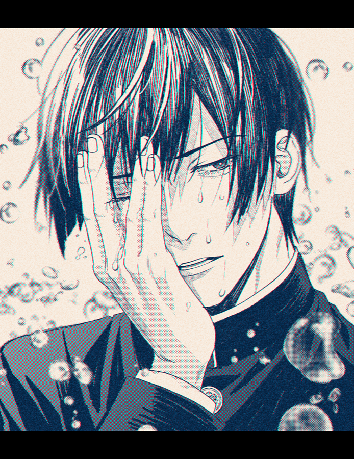 1boy, bubble, character_request, check_character, crying, crying_with_eyes_open, fingernails, gakuran, hand_on_own_face, hand_up, kawase_(koshotengai_no_hashihime), koshotengai_no_hashihime, letterboxed, long_sleeves, male_focus, mashima_shima, monochrome, one_eye_closed, parted_lips, portrait, school_uniform, short_hair, solo, tears, teeth