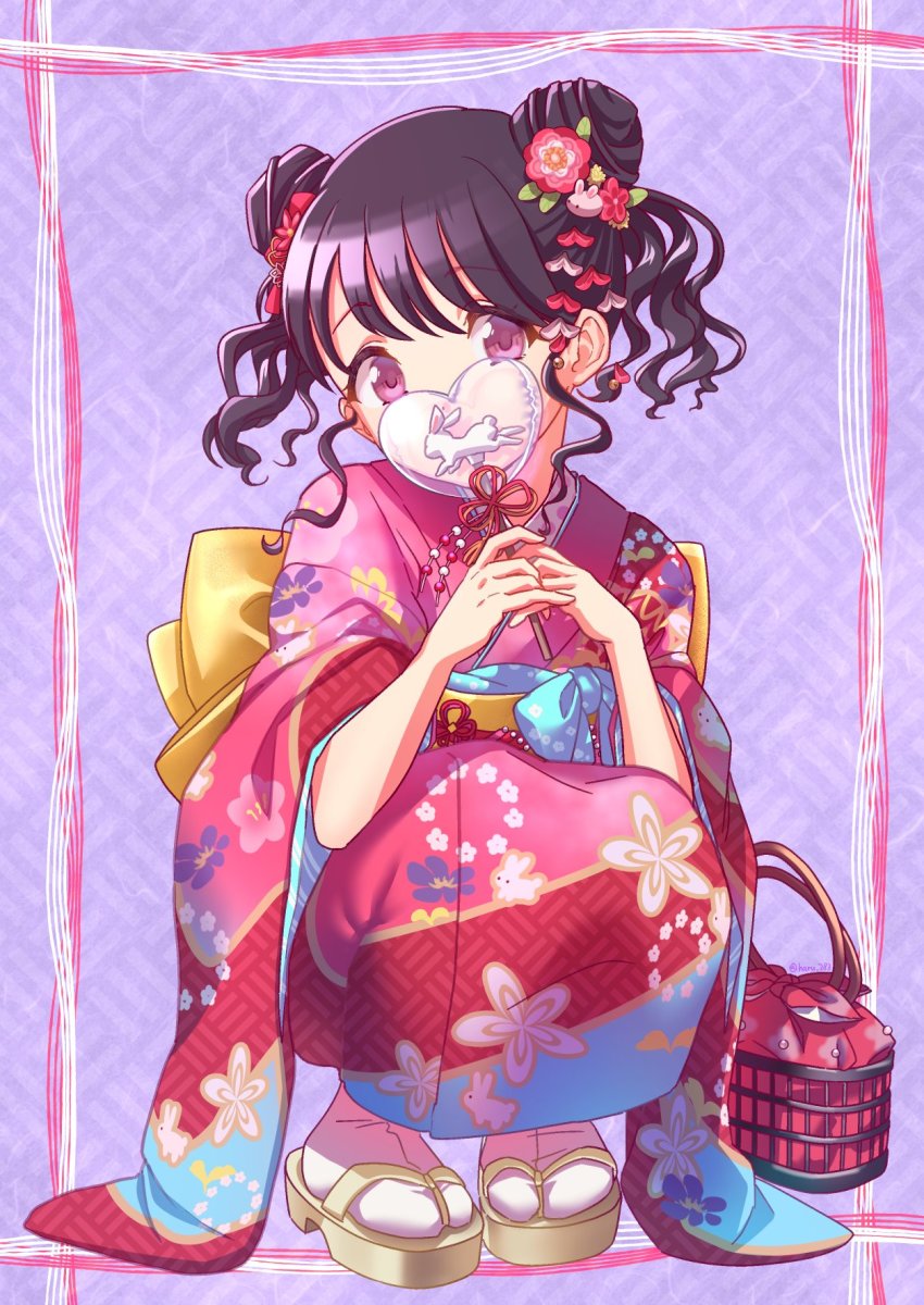 1girl, bag, bell, black_hair, commentary_request, double_bun, flower, fukumaru_koito