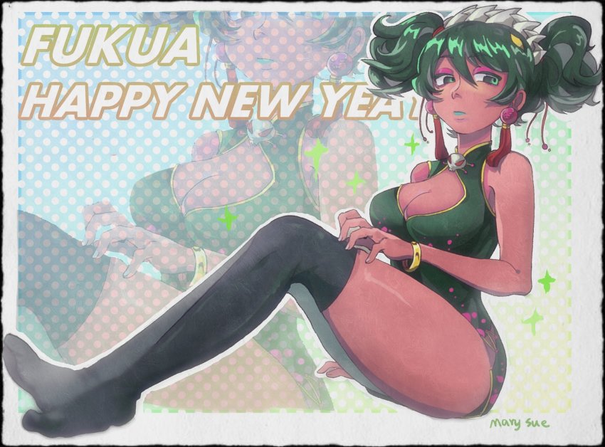 1girl, alternate_costume, alternate_hairstyle, bracelet, breasts, character_name, chinese_clothes, cleavage