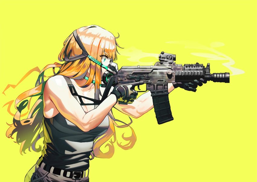 1girl, aiming, aks-74u, aqua_eyes, assault_rifle, belt, black_tank_top, from_side