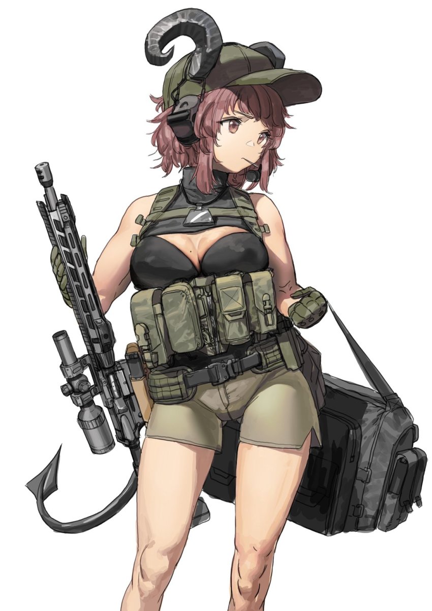 1girl, ar-15, bag, baseball_cap, breasts, brown_eyes, brown_hair, demon_girl