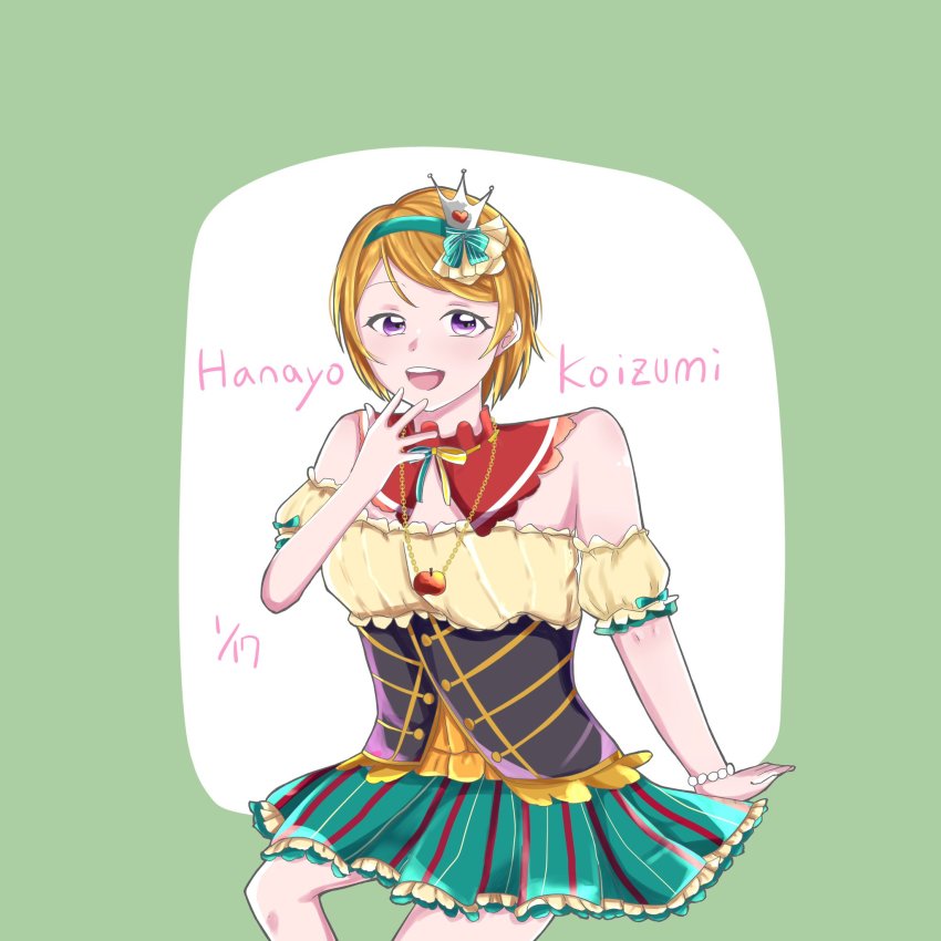 1girl, apple_necklace, aqua_hairband, artist_name, artist_request, bare_legs, bare_shoulders, blush