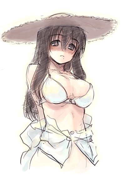 1girl, bikini, black_eyes, black_hair, female_focus, grey_eyes, hat, long_hair