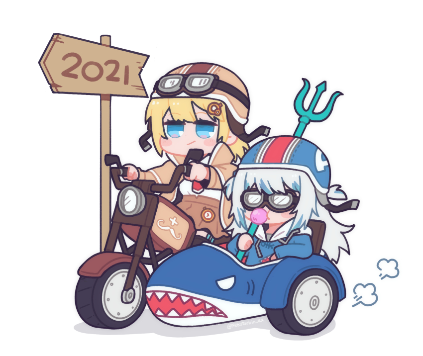 2021, 2girls, bad_id, bad_pixiv_id, blonde_hair, blowing_bubble_gum, blowing_bubbles, blue_eyes