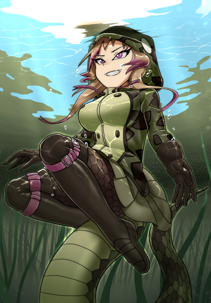 1girl, african_rock_python_(kemono_friends), air_bubble, blonde_hair, boots, bubble, day, drawstring