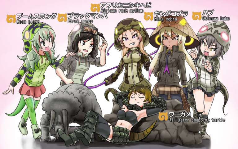 6+girls, :d, african_rock_python_(kemono_friends), alligator_snapping_turtle_(kemono_friends), arm_at_side, armor, armored_boots, armpits