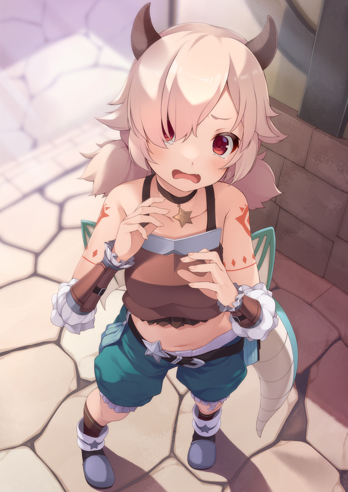 1girl, arm_tattoo, bare_shoulders, black_choker, blush, breasts, brown_camisole, brown_socks