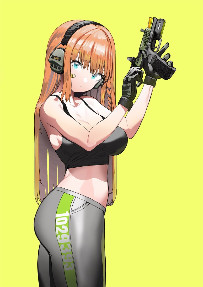 1girl, ass, bandaid, bandaid_on_cheek, bandaid_on_face, black_gloves, black_sports_bra, breasts, casing_ejection, cleavage, cocking_gun, collarbone, ear_protection, from_side, gloves, grey_pants, gun, highres, holding, holding_gun, holding_weapon, large_breasts, leggings, locked_slide, long_hair, looking_at_viewer, midriff, orange_hair, original, pants, pocket, shell_casing, solo, sports_bra, standing, straight_hair, striped, tac239, trigger_discipline, vertical_stripes, weapon, yellow_background, yoga_pants