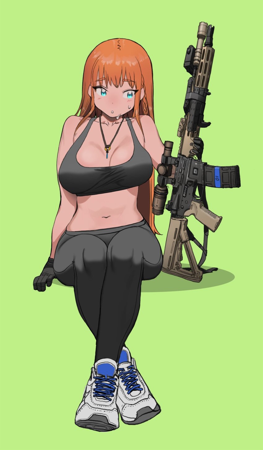 1girl, ar-15, black_gloves, black_pants, black_sports_bra, blue_eyes, blush, breasts, cleavage, commentary, commentary_request, crossed_ankles, english_commentary, full_body, gloves, gun, gun_sling, highres, invisible_chair, jewelry, large_breasts, leggings, long_hair, midriff, navel, necklace, orange_hair, original, pants, pendant, rail_(weapon), rifle, scope, shoes, sitting, sneakers, solo, sports_bra, sweat, tac239, weapon, white_shoes, yoga_pants