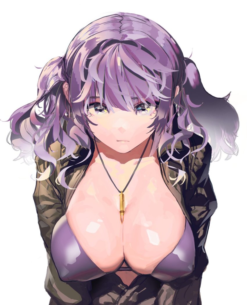1girl, antenna_hair, between_breasts, bikini, breasts, bullet_necklace, camouflage, covered_erect_nipples