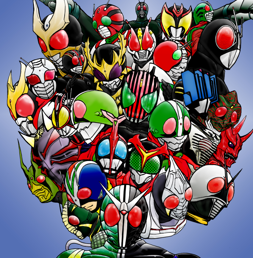6+boys, absurdres, antennae, everyone, highres, kamen_rider, kamen_rider_(1st_series), kamen_rider_1