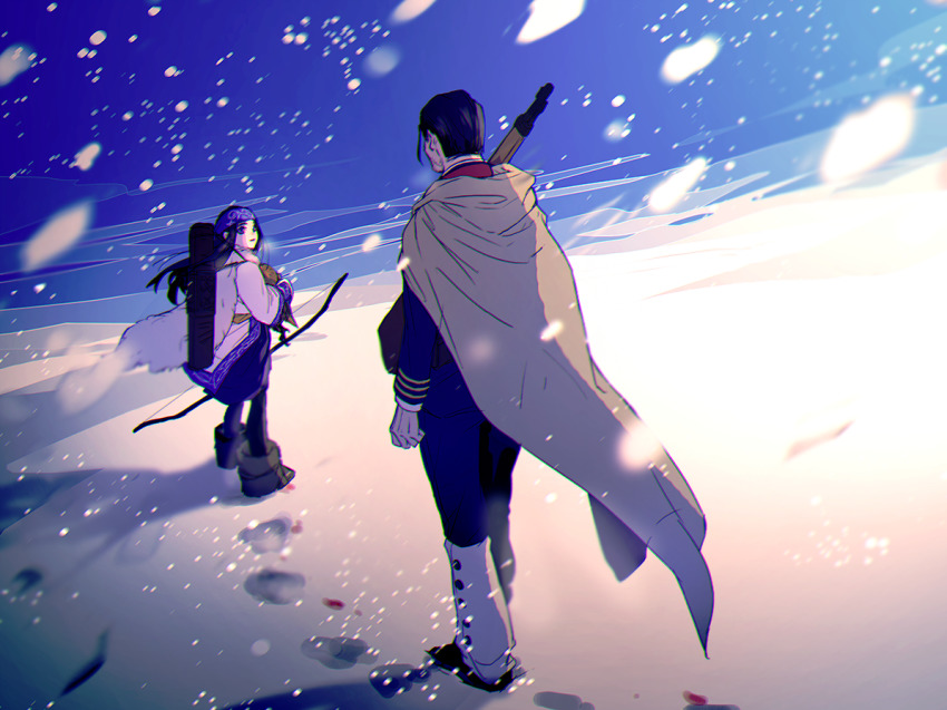 1boy, 1girl, ainu, ainu_clothes, arisaka, asirpa, bandana, black_footwear