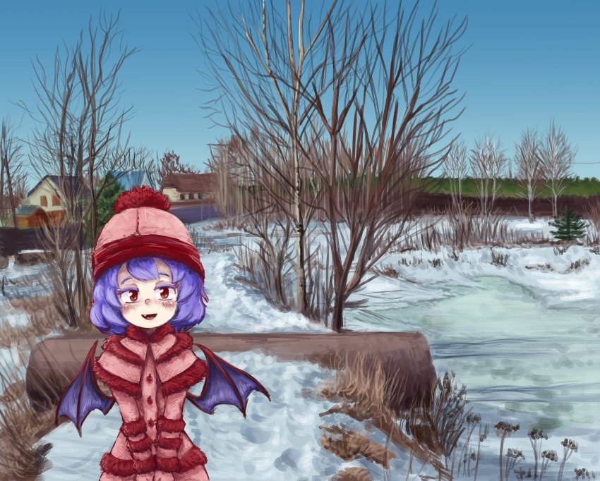 absurdres, bat_wings, highres, house, log, power_lines, remilia_scarlet, shrums