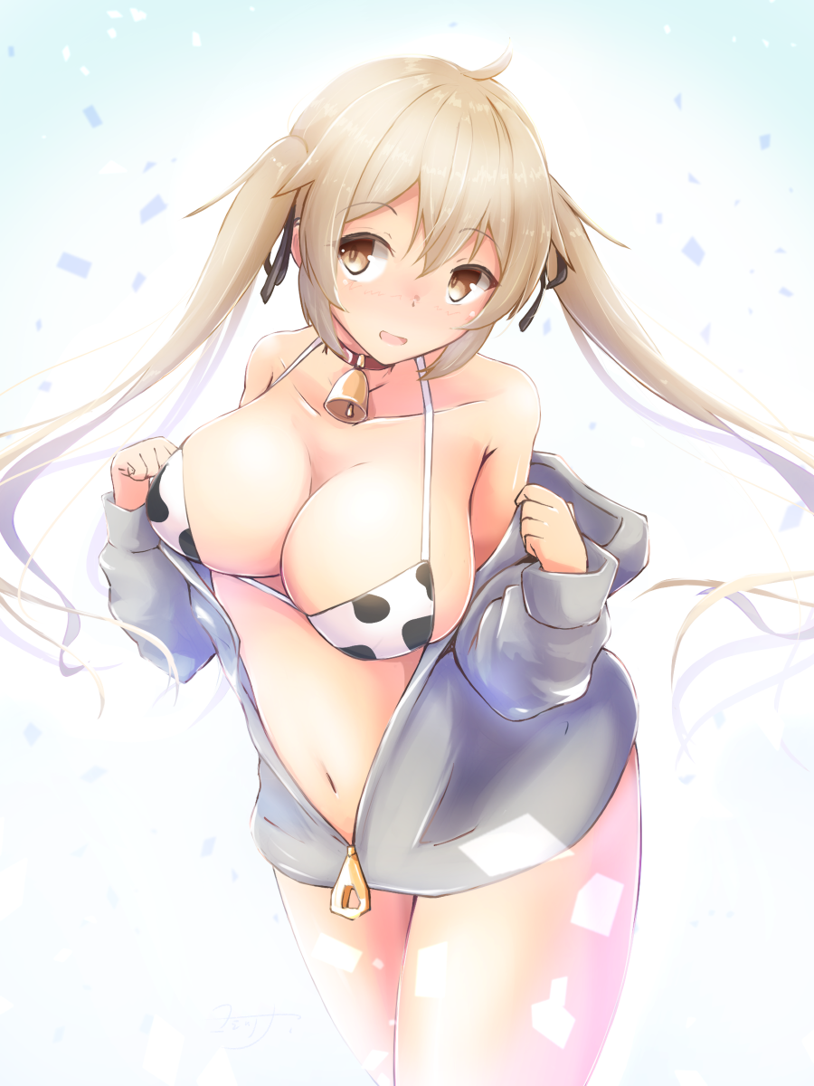 1girl, animal_print, bell, bikini, bikini_under_clothes, breasts, brown_eyes, commentary_request