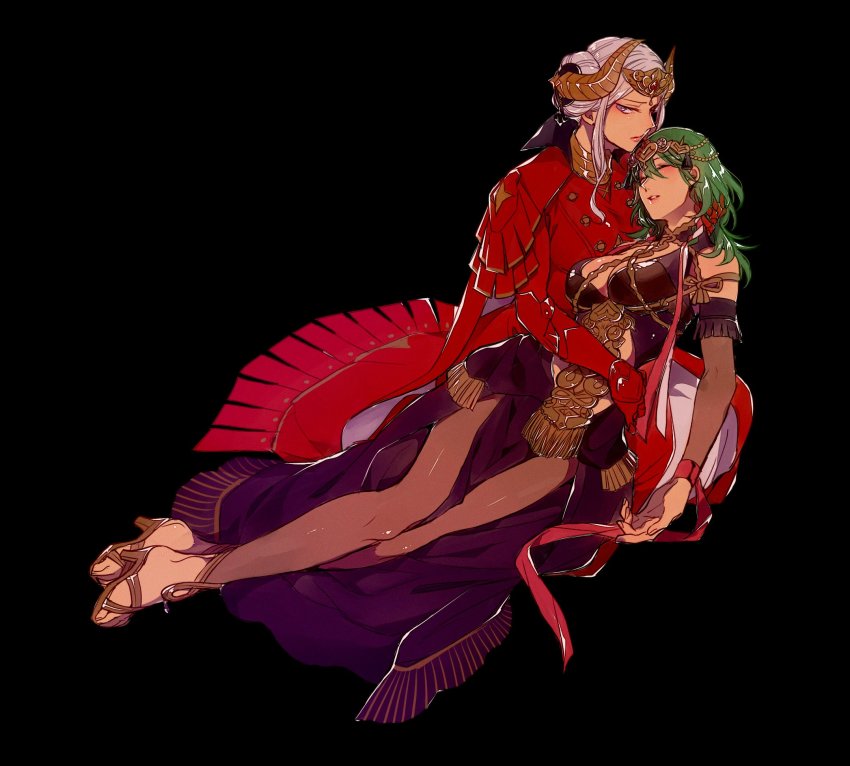 2girls, armor, braid, braiding_hair, breasts, closed_eyes, cosplay, crown, dancer, edelgard_von_hresvelg, edelgard_von_hresvelg_(timeskip), female_byleth_(awakened)_(fire_emblem), female_byleth_(fire_emblem), female_byleth_(sothis_regalia)_(fire_emblem), fire_emblem, fire_emblem:_three_houses, green_hair, hair_ribbon, hairdressing, highres, horns, hug, jewelry, leggings, looking_at_viewer, medium_hair, mizuno_(iori-amu), multiple_girls, navel, nintendo, ribbon_braid, sandals, side_braid, sothis_(fire_emblem), sothis_(fire_emblem)_(cosplay), tiara, twin_braids, white_hair, yuri