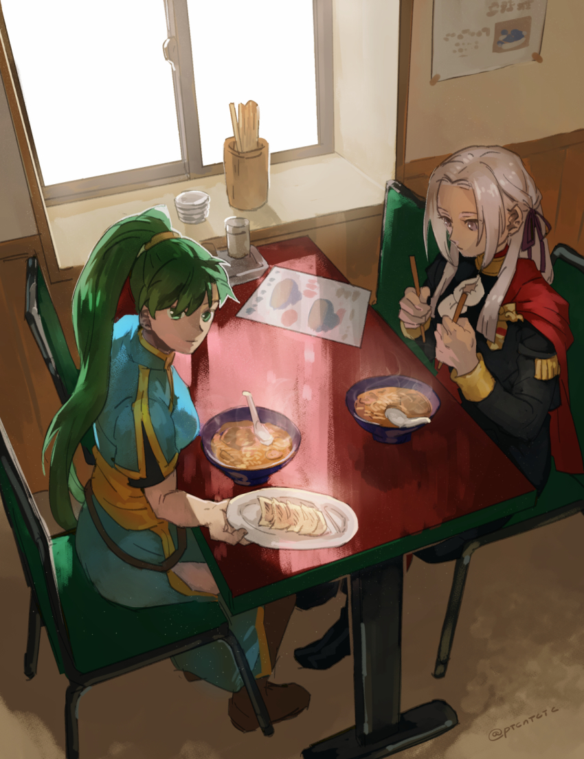 2girls, ass, blue_eyes, breasts, cape, dumpling, earrings, edelgard_von_hresvelg