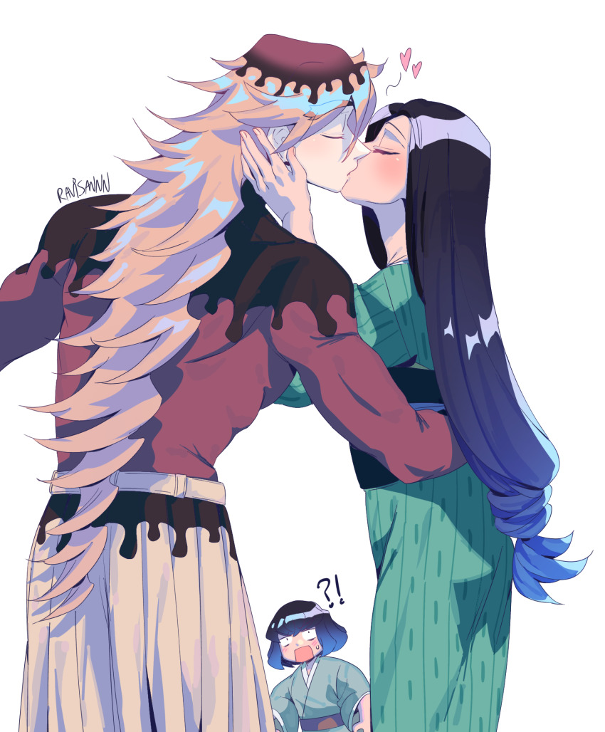 !, 1girl, 2boys, ?, bad_id, bad_pixiv_id, belt, black_hair, blonde_hair, blue_hair, blush, closed_eyes, couple, douma_(kimetsu_no_yaiba), forehead, green_kimono, hair_between_eyes, hair_intakes, hakama, hakama_skirt, hand_on_another's_face, hashibira_inosuke, hashibira_kotoha, heart, height_difference, hetero, highres, japanese_clothes, kimetsu_no_yaiba, kimono, kiss, long_hair, mother_and_child, mother_and_son, multiple_boys, open_mouth, pale_skin, parent_and_child, ravisannn, short_hair, signature, simple_background, skirt, spoken_exclamation_mark, spoken_question_mark, surprised, sweat, sweater, thick_eyebrows, toned, toned_male, turtleneck, turtleneck_sweater, very_short_hair, white_hakama