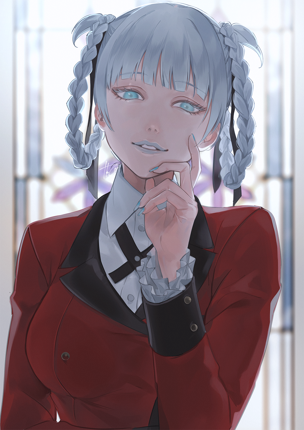 1girl, black_ribbon, blue_eyes, blue_lips, blunt_bangs, blurry, blurry_background, braid, braided_hair_rings, collared_shirt, colored_eyelashes, dress_shirt, hair_ribbon, hair_rings, highres, hyakkaou_academy_school_uniform, jacket, kakegurui, long_sleeves, looking_at_viewer, momobami_kirari, parted_lips, red_jacket, ribbon, school_uniform, shirt, silver_hair, solo, takashi_(huzakenna), twin_braids, upper_body, white_shirt, wing_collar