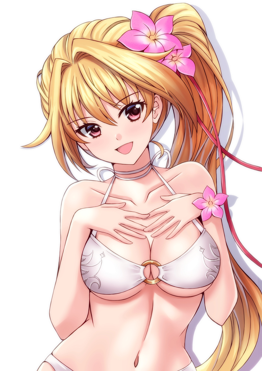 1girl, :d, absurdres, bikini, blonde_hair, breasts, choker, cleavage