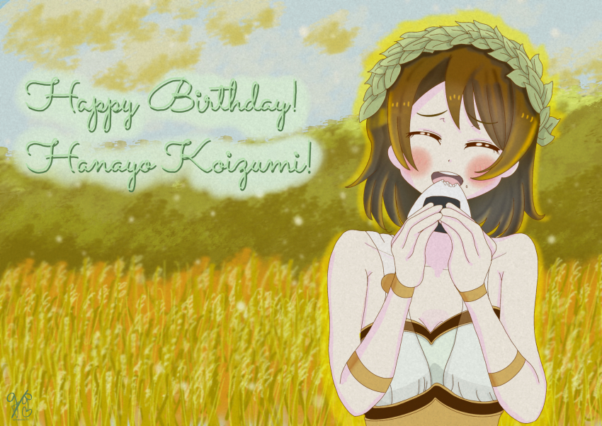 1girl, absurdres, artist_name, artist_request, bare_shoulders, blush, breasts, brown_hair