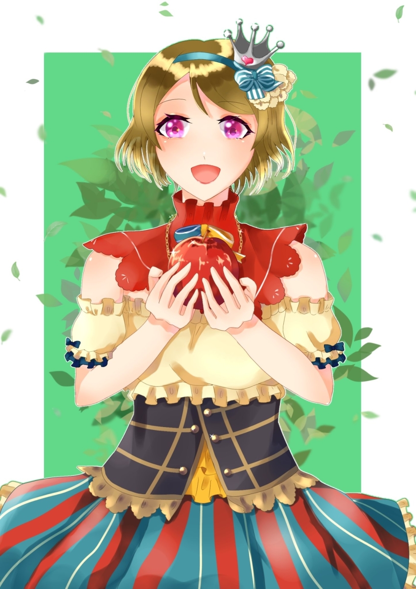 1girl, apple, apple_necklace, aqua_hairband, artist_name, artist_request, bare_shoulders, blush, bow, bowtie, bracelet, breasts, brown_corset, brown_hair, cleavage, corset, crown, detached_collar, detached_sleeves, dress, female_focus, flower, food, frilled_dress, frills, fruit, green_hairband, green_skirt, hair_between_eyes, hair_bow, hair_ornament, hairband, headband, heart, heart_print, highres, holding, holding_food, jewelry, koizumi_hanayo, looking_at_viewer, love_live!, love_live!_school_idol_festival, love_live!_school_idol_project, mini_crown, necklace, parted_lips, pearl_bracelet, puffy_short_sleeves, puffy_sleeves, purple_eyes, rose, short_hair, short_sleeves, skirt, small_breasts, smile, solo, striped_bow, striped_clothes, striped_skirt, vertical-striped_clothes, vertical-striped_skirt, yyynrp_ll