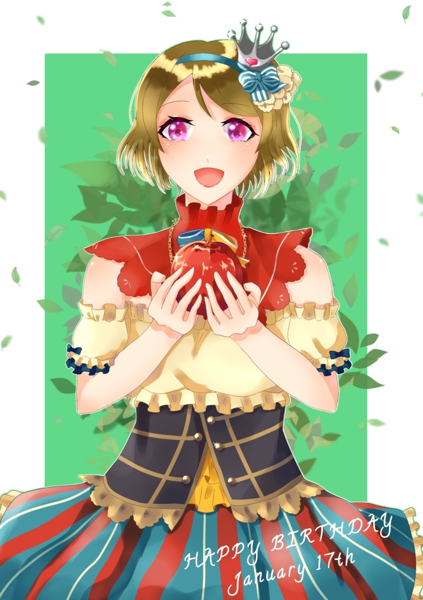 1girl, apple, apple_necklace, aqua_hairband, artist_name, artist_request, bare_shoulders, blush