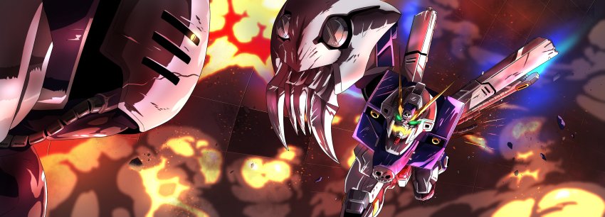 absurdres, charging_forward, crossbone_gundam, crossbone_gundam_x-1, damaged, dictus, explosion, fighting, glowing, glowing_eye, glowing_eyes, green_eyes, gundam, highres, mecha, amputee, no_humans, one-eyed, open_mouth, robot, skull, space, tyuuboutyauyo, v-fin, yellow_eyes