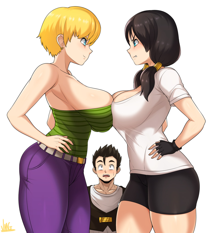 1boy, 2girls, absurdres, alternate_breast_size, bare_arms, bare_shoulders, biker_shorts, black_gloves, black_hair, black_pants, blonde_hair, blouse, blue_eyes, blush, breast_press, breasts, cleavage, denim, dragon_ball, dragonball_z, erasa_(dragon_ball), fingerless_gloves, from_side, gloves, grass, green_eyes, green_shirt, gym_shorts, hands_on_own_hips, highres, jeans, jmg, large_breasts, long_hair, looking_at_another, multiple_girls, navel, no_bra, open_mouth, pants, purple_jeans, purple_pants, shirt, short_hair, shorts, sideways_mouth, skindentation, sleeveless, smile, son_gohan, strapless, symmetrical_docking, thighs, tomboy, tube_top, twintails, videl, white_shirt