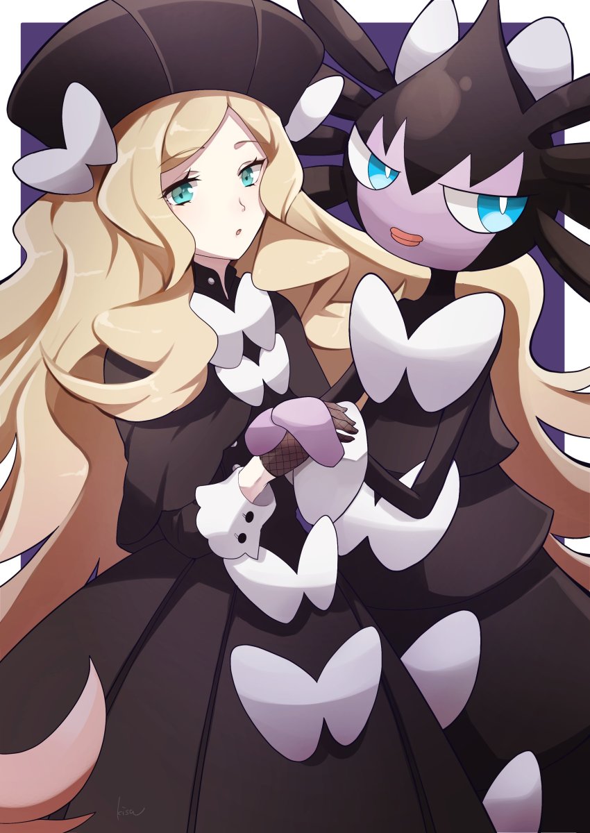 1girl, absurdres, black_headwear, blonde_hair, buttons, caitlin_(pokemon), commentary_request, cosplay, dress, elite_four, eyelashes, fishnet_gloves, fishnets, gen_5_pokemon, gloves, gothitelle, gothitelle_(cosplay), green_eyes, hand_grab, hat, highres, kisa_(kisa-kisa5900), looking_at_viewer, nintendo, pokemon, pokemon_black_and_white