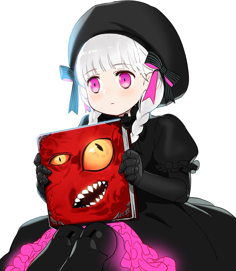 1girl, beret, black_bow, black_dress, black_gloves, black_hat, black_pantyhose, blush, book, bow, braid, closed_mouth, commentary_request, doll_joints, dress, elbow_gloves, fate/extra, fate_(series), feet_out_of_frame, frilled_dress, frills, gloves, hat, hat_bow, holding, holding_book, joints, knees_up, korean_commentary, librom, long_hair, looking_away, nonockha, nursery_rhyme_(fate), open_mouth, pantyhose, puffy_short_sleeves, puffy_sleeves, purple_eyes, short_sleeves, silver_hair, simple_background, sitting, solo, soul_sacrifice, striped_bow, twin_braids, twintails, white_background, yellow_eyes