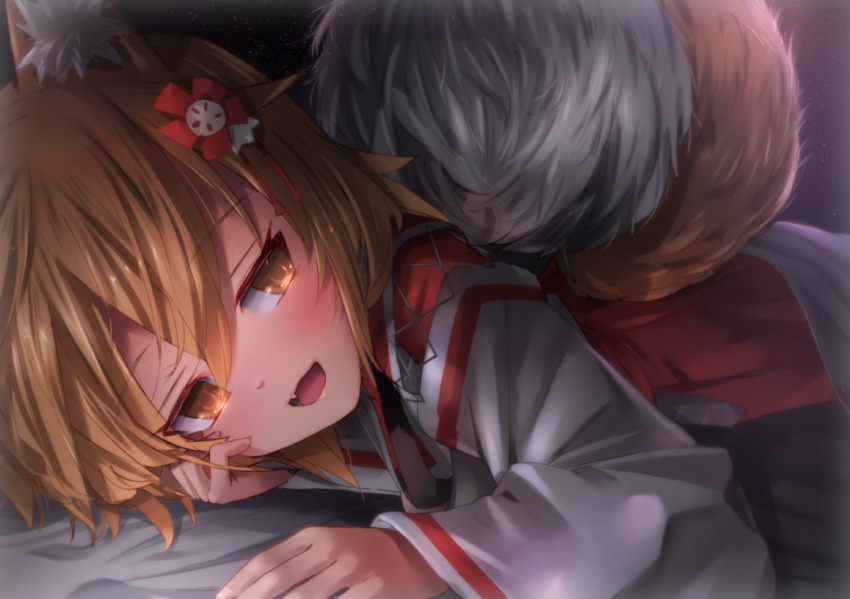 1girl, animal_ears, blonde_hair, blush, fang, fox_ears, fox_tail, hair_ornament