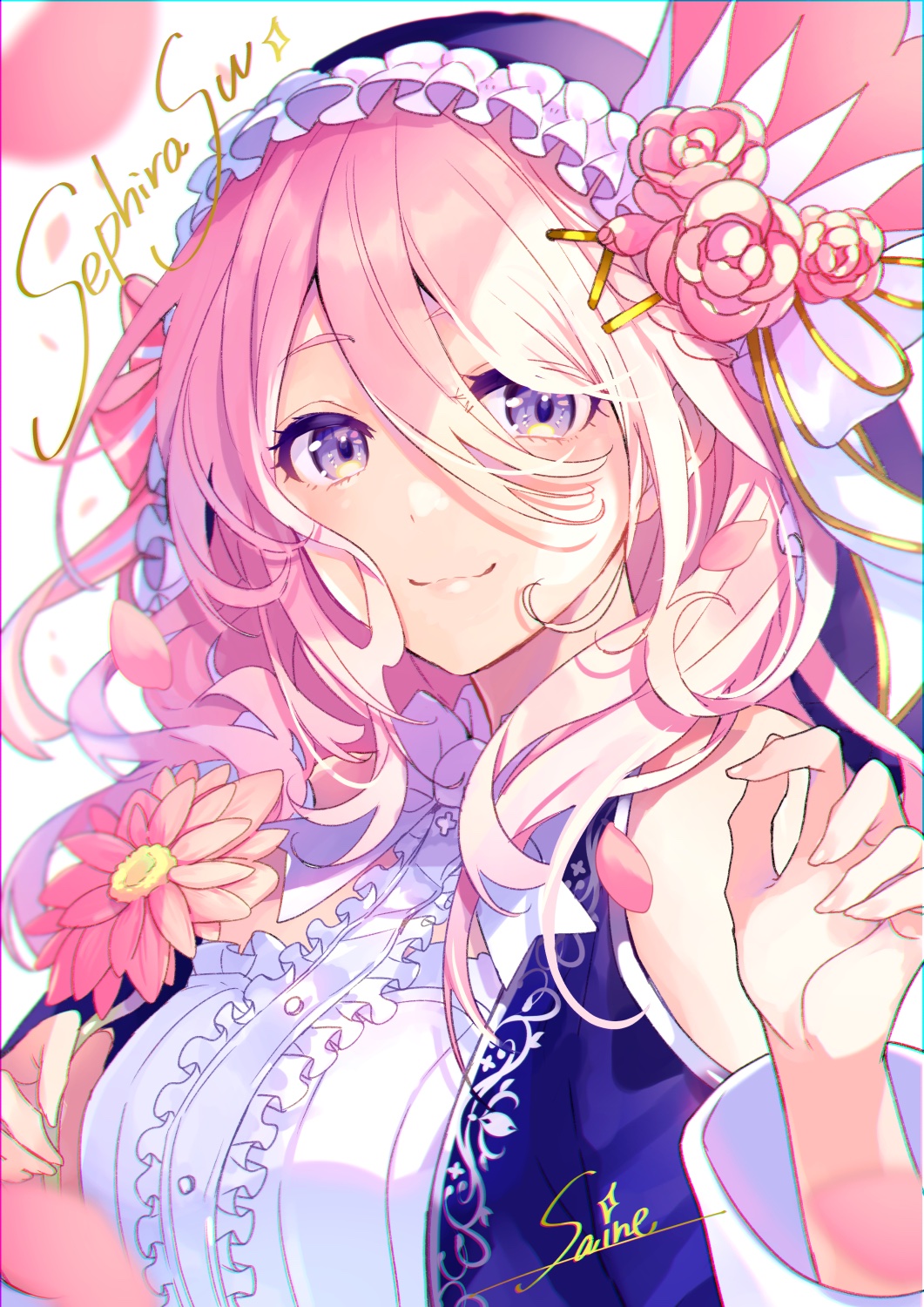 1girl, artist_name, bow, character_name, fensi, flower, frilled_hood, frills, hair_bow, hair_ornament, highres, hood, hood_up, looking_at_viewer, pink_flower, pink_hair, saine, sephira_su, signature, smile, virtual_youtuber, x_hair_ornament