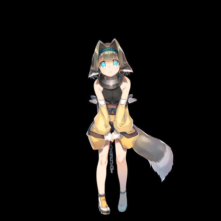 1girl, amazuyu_tatsuki, animal_ears, blue_eyes, bridal_gauntlets, bright_pupils, brown_hair, chain