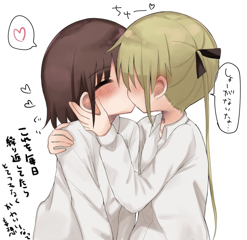 2girls, blonde_hair, blush, brown_hair, child, ear_blush, closed_eyes, hanabi_(yuruneko0624)
