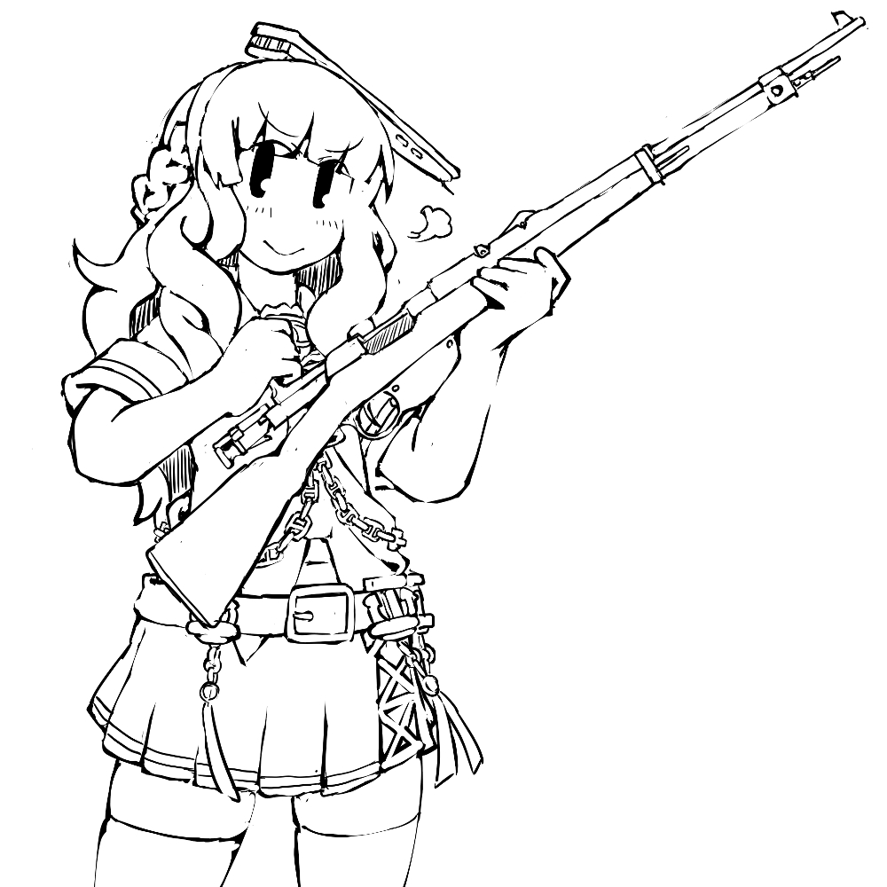 1girl, belt, braid, chain, de_ruyter_(kancolle), greyscale, gun, headgear