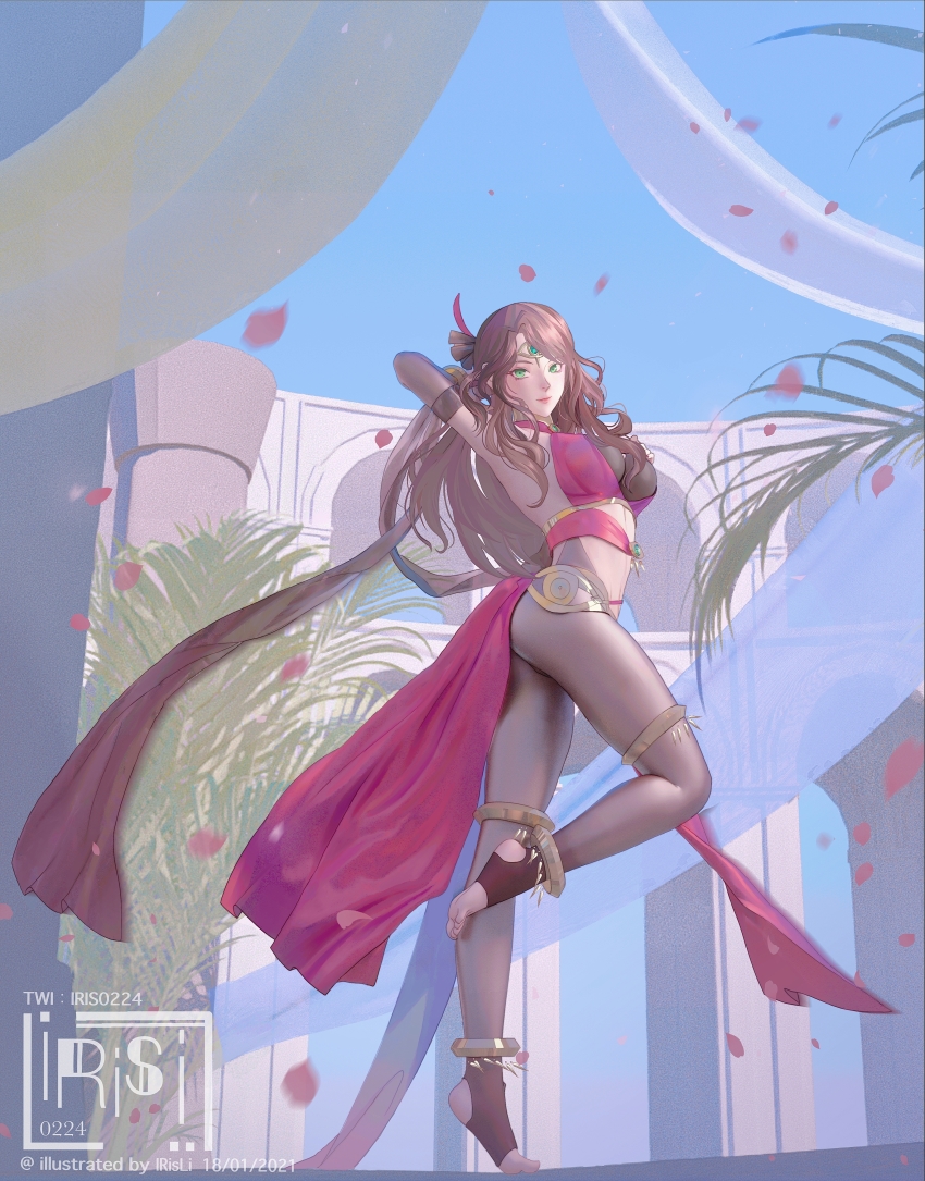 1girl, absurdres, anklet, arm_up, breasts, brown_hair, circlet, dancing, dorothea_arnault, dorothea_arnault_(plegian), fire_emblem, fire_emblem:_three_houses, fire_emblem_heroes, green_eyes, highres, huge_filesize, irisli0224, jewelry, looking_at_viewer, nintendo, official_alternate_costume, pantyhose, pelvic_curtain, petals, rose_petals, solo, stirrup_legwear, toeless_legwear