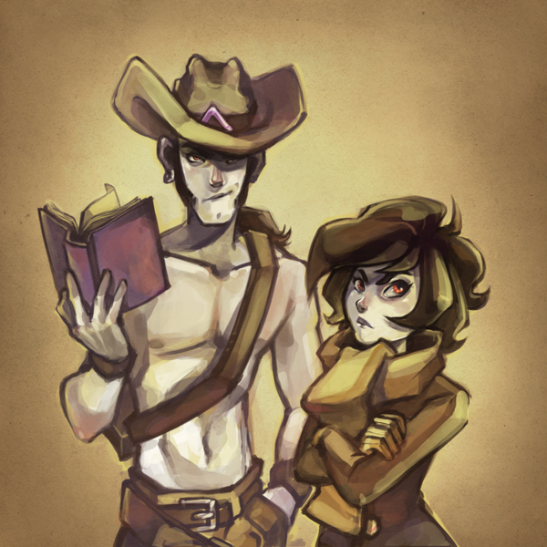 1boy, 1girl, agent_black, amora_bettany, belt, black_hair, book, brown_background, brown_coat, brown_gloves, brown_scarf, coat, cowboy_hat, crossed_arms, earrings, general_chrome, gloves, gradient_background, hand_in_pocket, hat, holding, holding_book, jewelry, limited_palette, nipples, orange_eyes, pale_skin, piercing, ponytail, scarf, short_hair, single_earring, the_iconoclasts, topless_male, upper_body, wristband