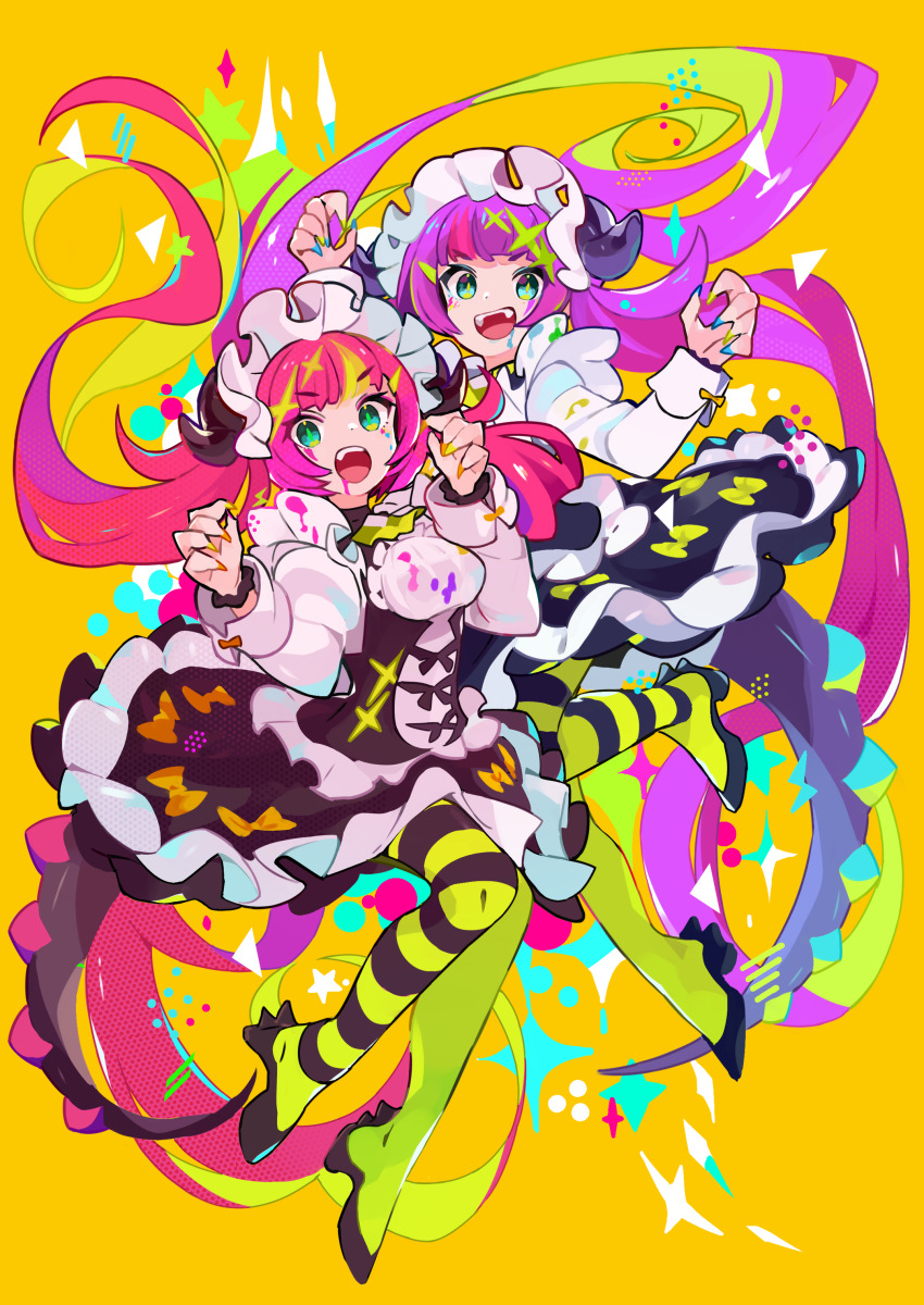 2girls, absurdres, aqua_eyes, asymmetrical_legwear, blunt_bangs, bow, character_request, check_character