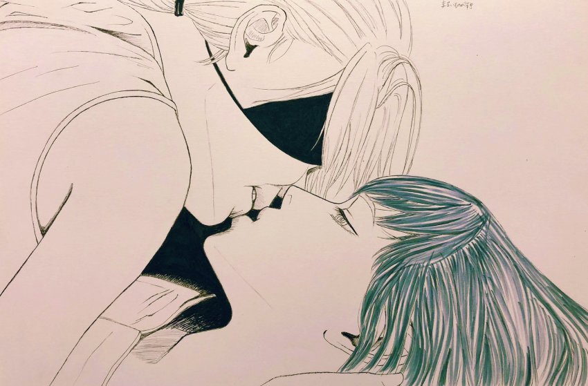 2girls, black_shirt, chainsaw_man, couple, eyepatch, girl_on_top, hair_down, hand_on_another's_head