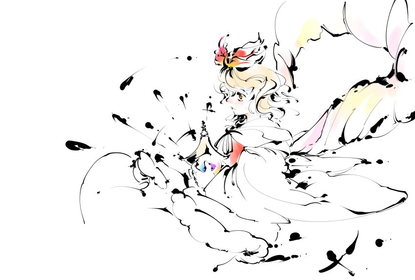 1girl, absurdres, bishamonten's_pagoda, blending, blonde_hair, commentary_request, cropped_torso, from_side