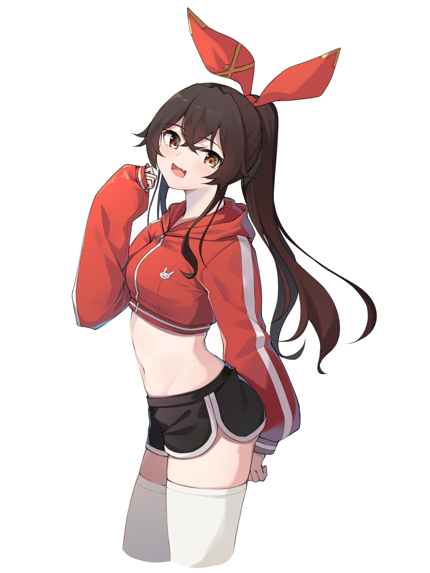 1girl, :d, absurdres, alternate_costume, amber_(genshin_impact), black_shorts, blush, brown_hair