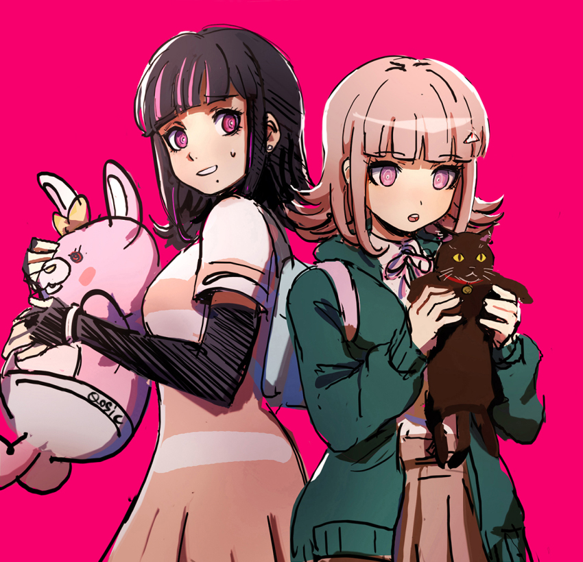 2girls, akudama_drive, animal, backpack, bag, black_cat, black_gloves, black_hair, blunt_bangs, bow, brown_skirt, cat, collared_shirt, cowboy_shot, danganronpa_(series), danganronpa_2:_goodbye_despair, dress, ear_bow, flipped_hair, from_side, gloves, hair_ornament, holding, holding_animal, holding_cat, hood, hood_down, jacket, medium_hair, monomi_(danganronpa), multiple_girls, nanami_chiaki, neck_ribbon, open_clothes, open_jacket, pink_background, pink_eyes, pink_ribbon, pleated_skirt, qosic, ribbon, shirt, short_sleeves, simple_background, skirt, sweatdrop, swindler_(akudama_drive), teeth, upper_teeth_only