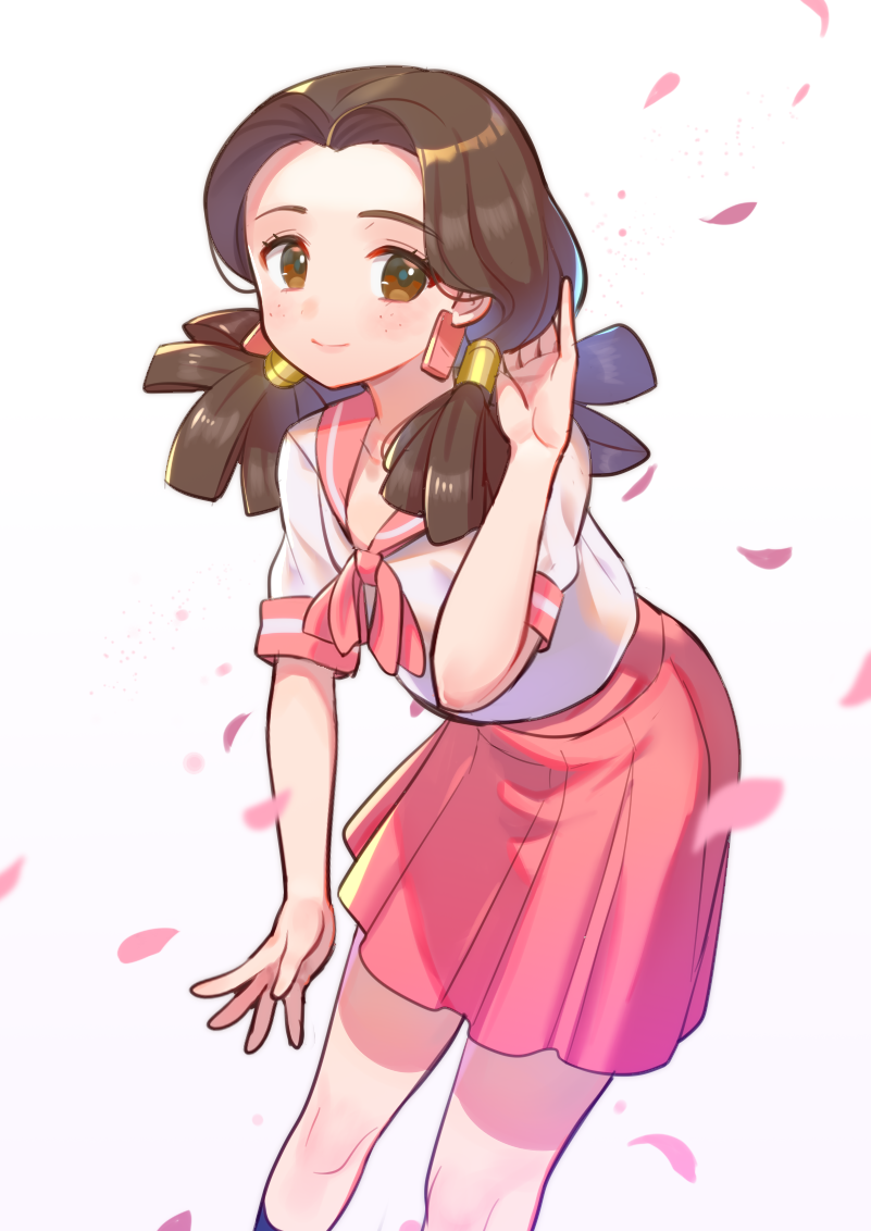 1girl, alternate_costume, blush, brown_eyes, brown_hair, commentary_request, earrings, freckles