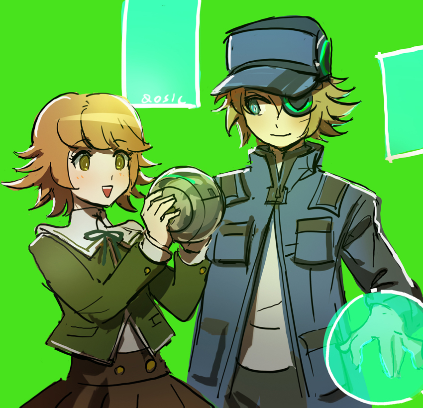 3boys, :d, akudama_drive, artist_name, ball, blush, brown_eyes, brown_hair, brown_shirt, brown_skirt, cowboy_shot, danganronpa:_trigger_happy_havoc, danganronpa_(series), closed_eyes, fujisaki_chihiro, green_background, green_eyes, grey_shirt, hacker_(akudama_drive), hands_up, hat, holding, holding_ball, jacket, long_sleeves, looking_at_another, male_focus, multiple_boys, open_mouth, qosic, ribbon, shirt, short_hair, skirt, smile, teeth, trap, upper_teeth_only